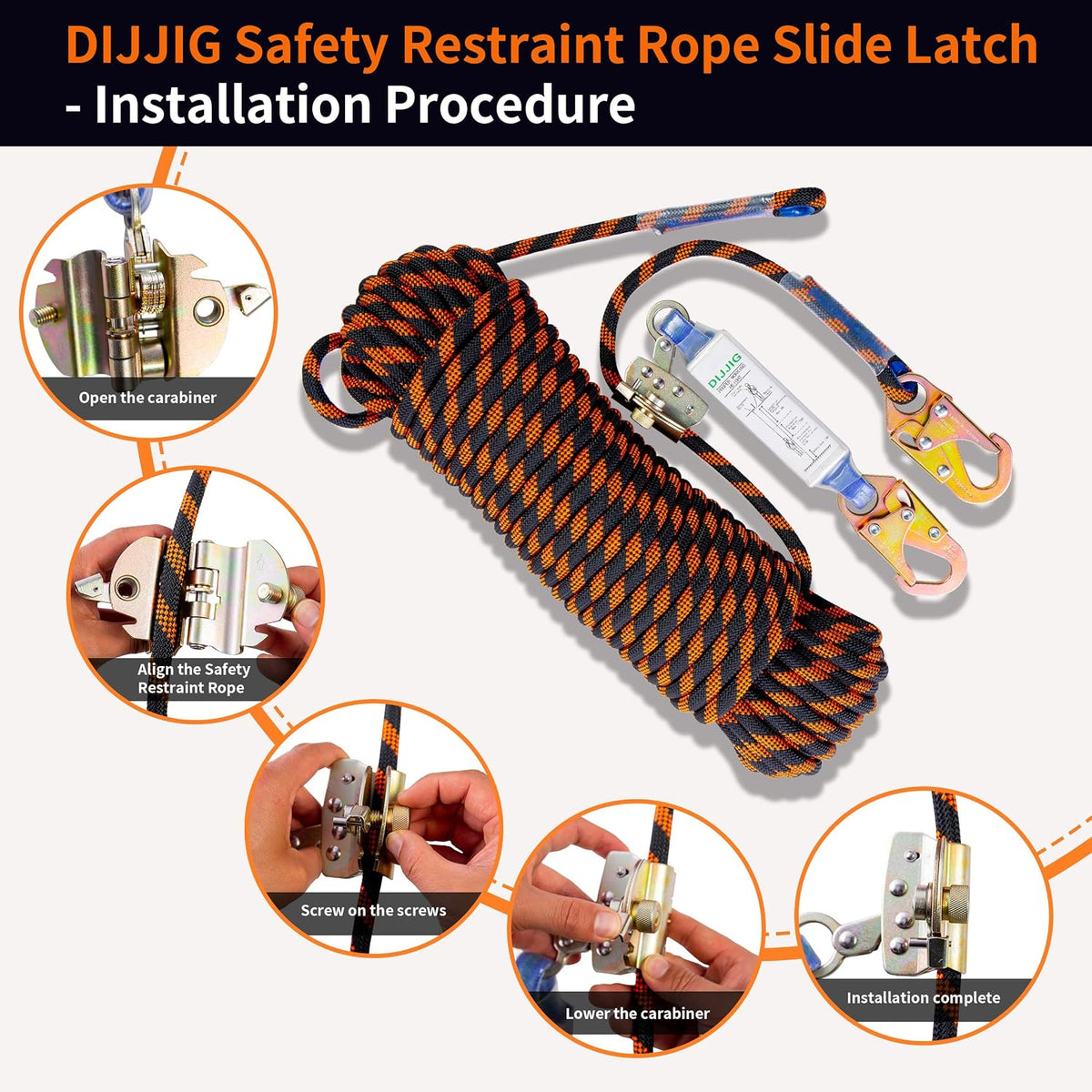Rope Harness Safety Lanyard 25ft Vertical Roofing Rope With Grab Snap Hooks Shock Absorber Fall Protection Tree