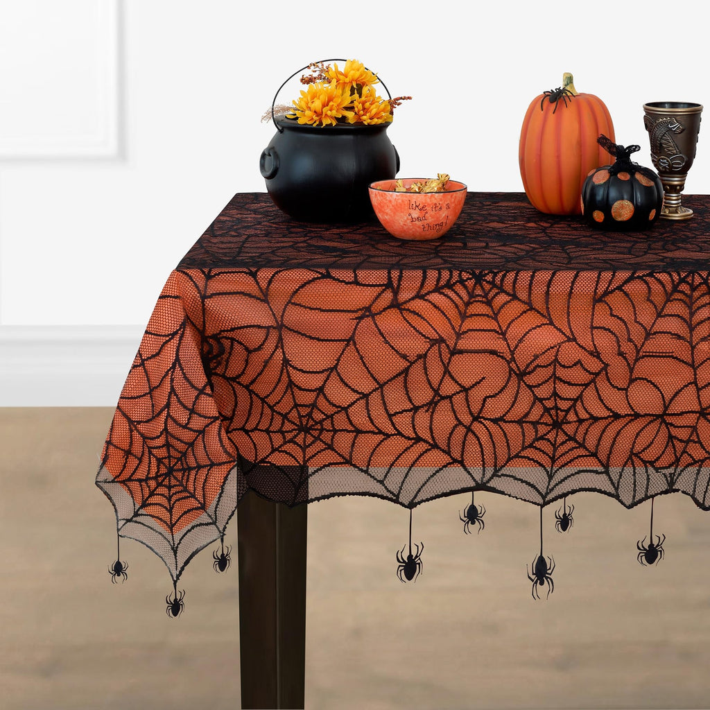 Crawling Halloween Spider Lace Lined Tablecloth, Black - 60" W x 84" L