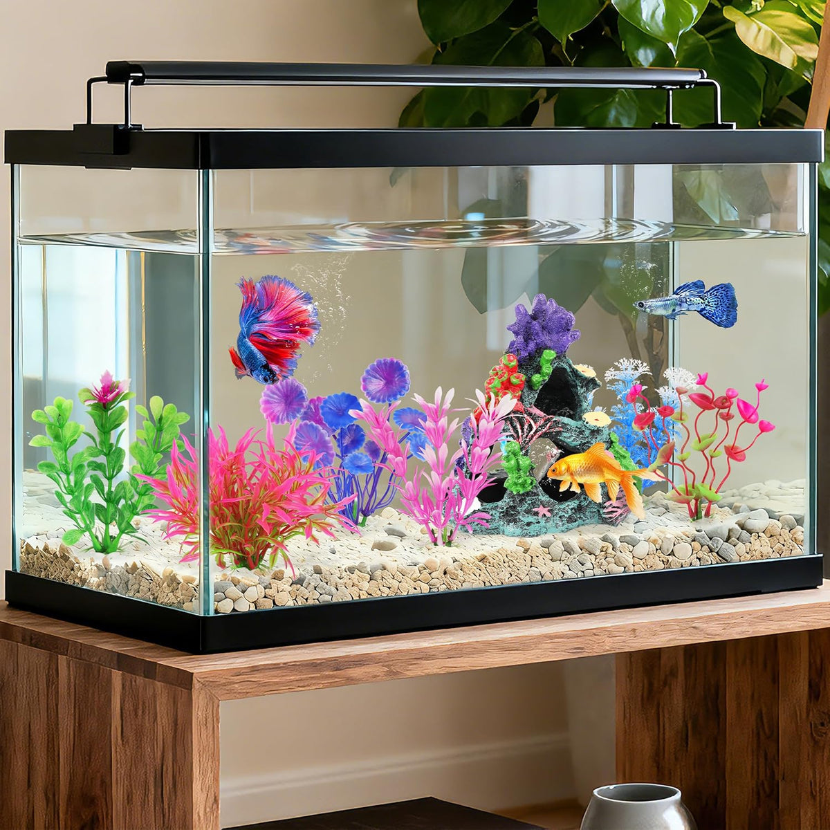 Fish Tank Plants, 7 Pieces Colorful Aquarium Plants and Coral Reef Set for Fish Tank Decoration, Mountain Cave