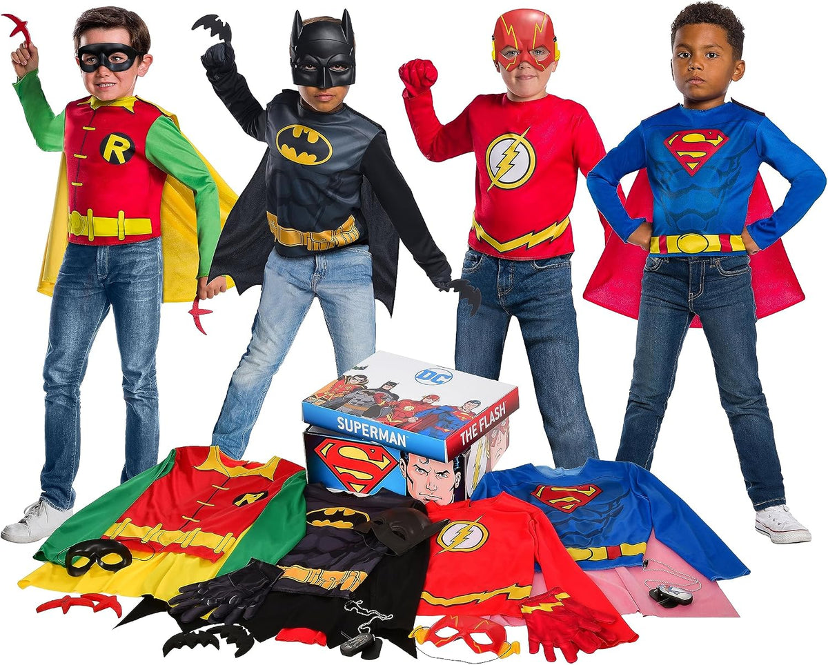 DC Comics Superheroes: Superman, The Flash, Batman & Robin Dress Up Trunk for Kids, Boy's Small