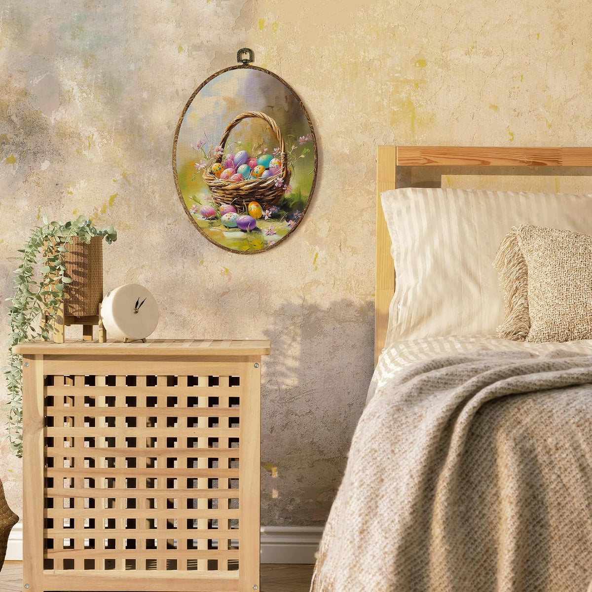 Vintage Easter Eggs Oval Wall Art Decor, Spring Farmhouse Oval Hanging Wall Decor, Easter Egg in Basket Canvas Framed