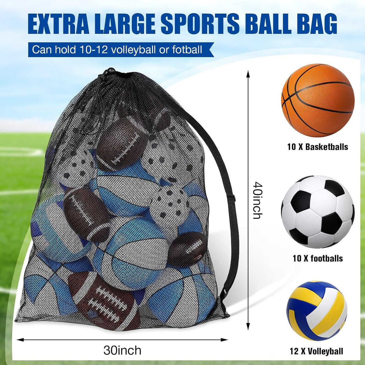 Extra Large Sports Ball Bag 30 x 40 Inches Mesh Soccer Basketball Bags Large Mesh Pouch with Adjustable Shoulder