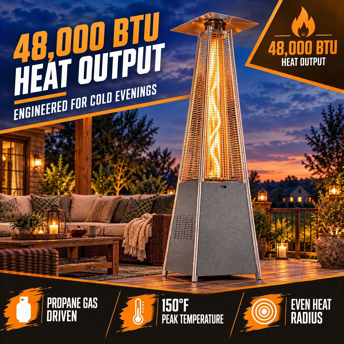 48,000 BTU 89" Pyramid Patio Heater, Propane Outdoor Heater, Gray