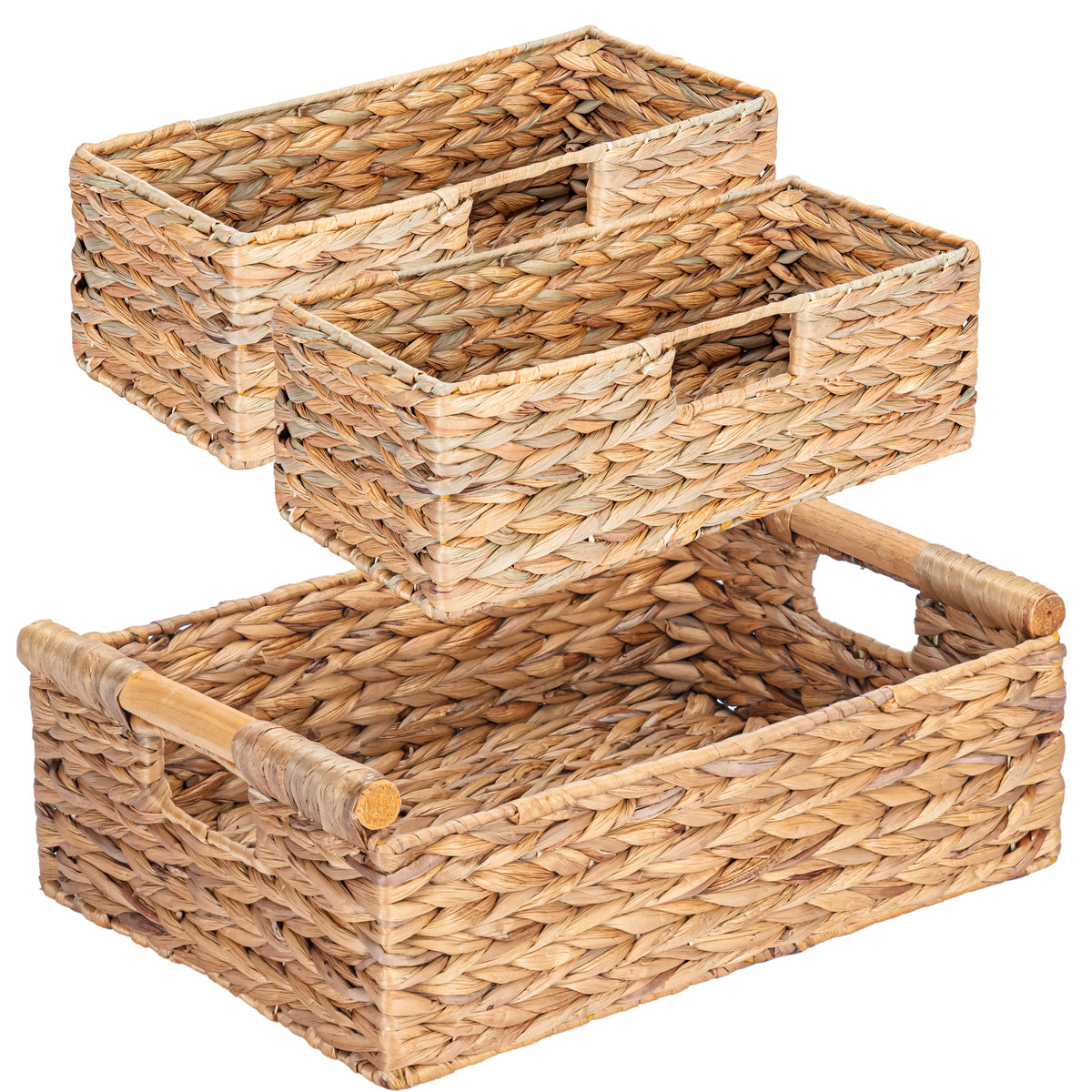 Large Water Hyacinth Storage Baskets for Organizing with Wooden Handles for Shelves, 2 Bathroom Small Basket, Water
