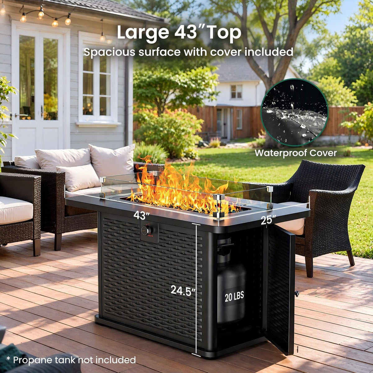 43-Inch Rectangular Propane Fire Pit with 60,000 BTU Output, Fire Pit Table Premium Gas for Outside Patio with 304