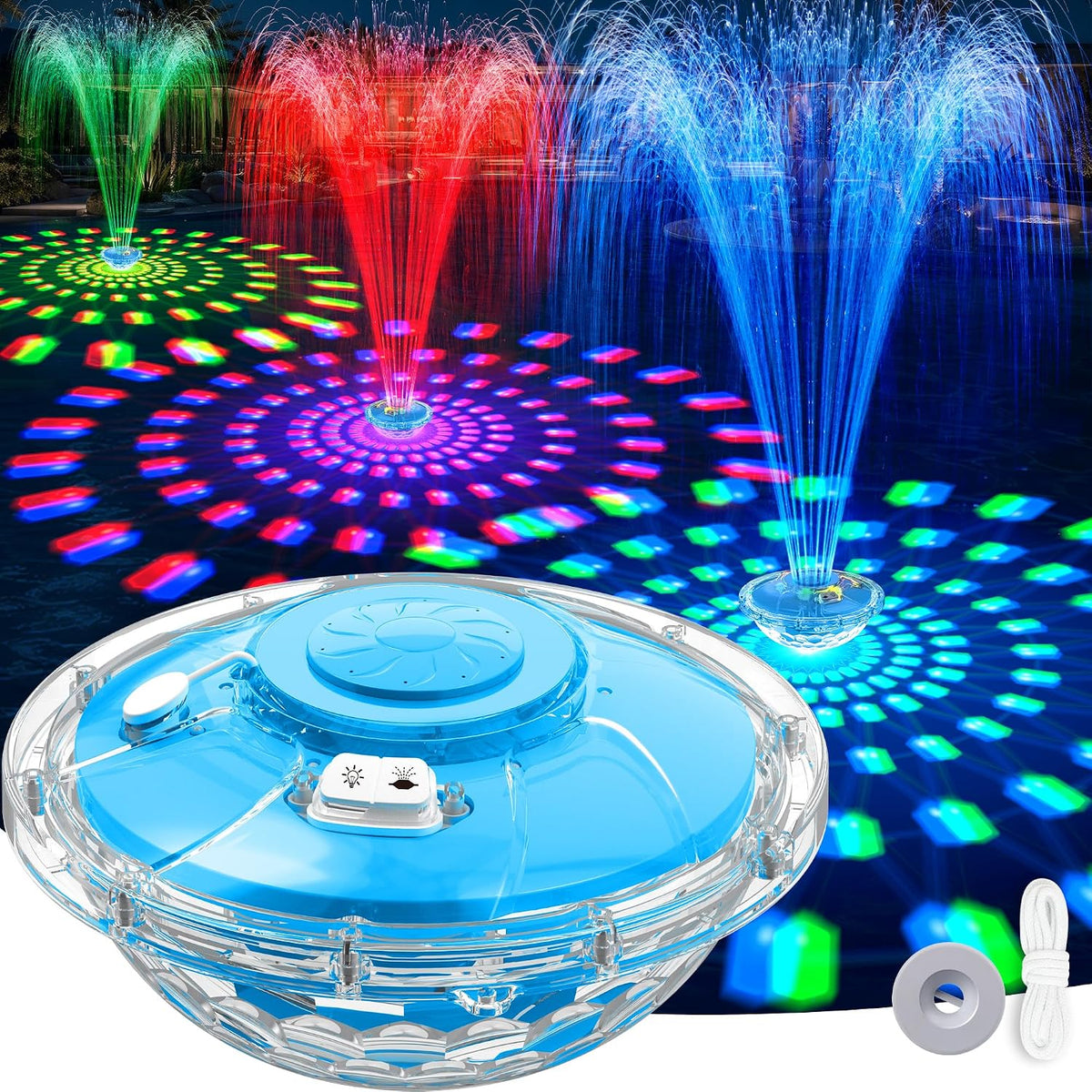 Upgraded Floating Pool Fountain with Light,Large Rechargeable Pool Fountain | 8000mAh Large Battery,6 Light Modes,2