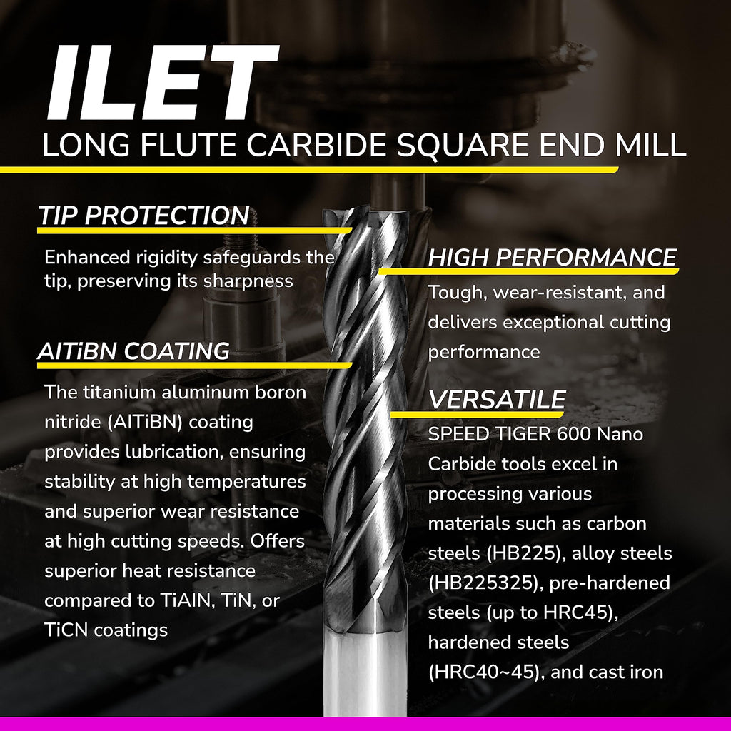 SPEED TIGER Micrograin Carbide Square Long Flute End Mill - 3/8" Diameter 1-1/2" Flute Length, 4" OVL, 4 Flutes - ILET (1 Piece, 3/8") - for Alloy Steels, Hardened Steel & Metal– Mill Bits Sets