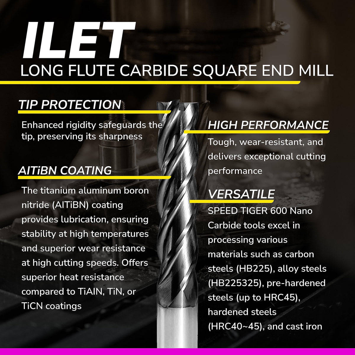 SPEED TIGER Micrograin Carbide Square Long Flute End Mill - 3/8" Diameter 1-1/2" Flute Length, 4" OVL, 4 Flutes - ILET (1 Piece, 3/8") - for Alloy Steels, Hardened Steel & Metal– Mill Bits Sets