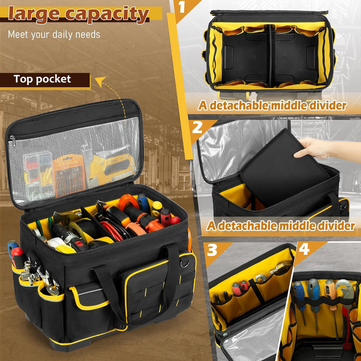 16-inch Tool Bag with Hard Bottom and a Detachable Divider, Heavy Duty Tool Tote with Multiple Pockets, Black