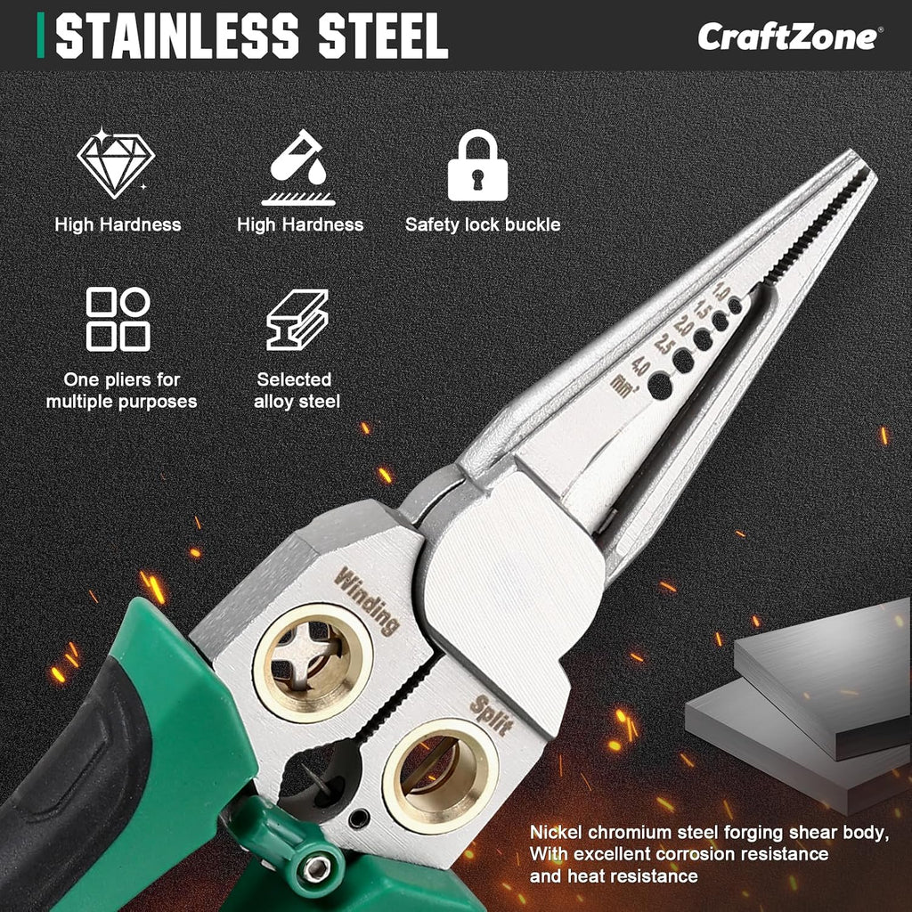 8-in-1 Wire Stripper Pliers with Non Contact Voltage Tester, Green Black | Multi-function electrician hand tool for