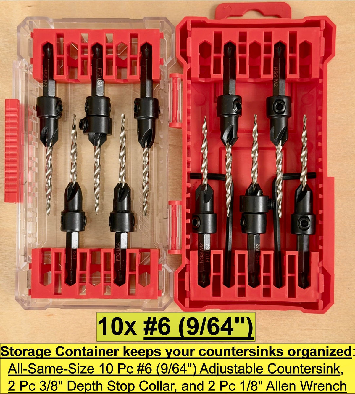 FTG USA 10 Pc #6 (9/64") Countersink Drill Bit Set with Tapered Drill Bits