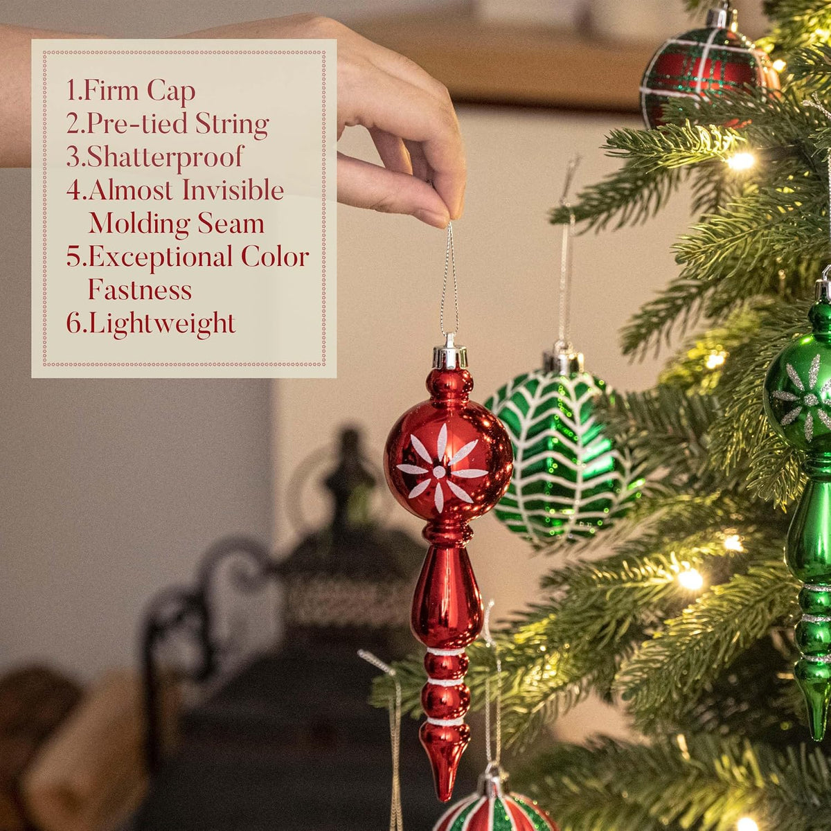 Christmas Tree Ornaments Set, 50ct Red Green White Shatterproof Christmas Tree Decorations Bulk, Variety Vintage