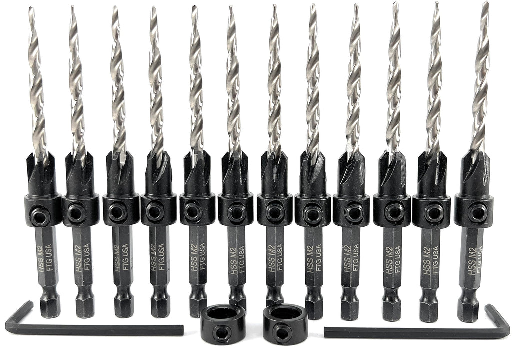 FTG USA 12 Pc #10 (3/16") Countersink Drill Bit Set with Tapered Drill Bits