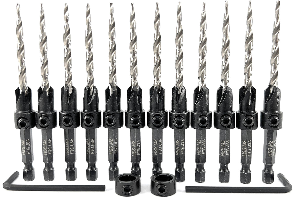 FTG USA 12 Pc #10 (3/16") Countersink Drill Bit Set with Tapered Drill Bits