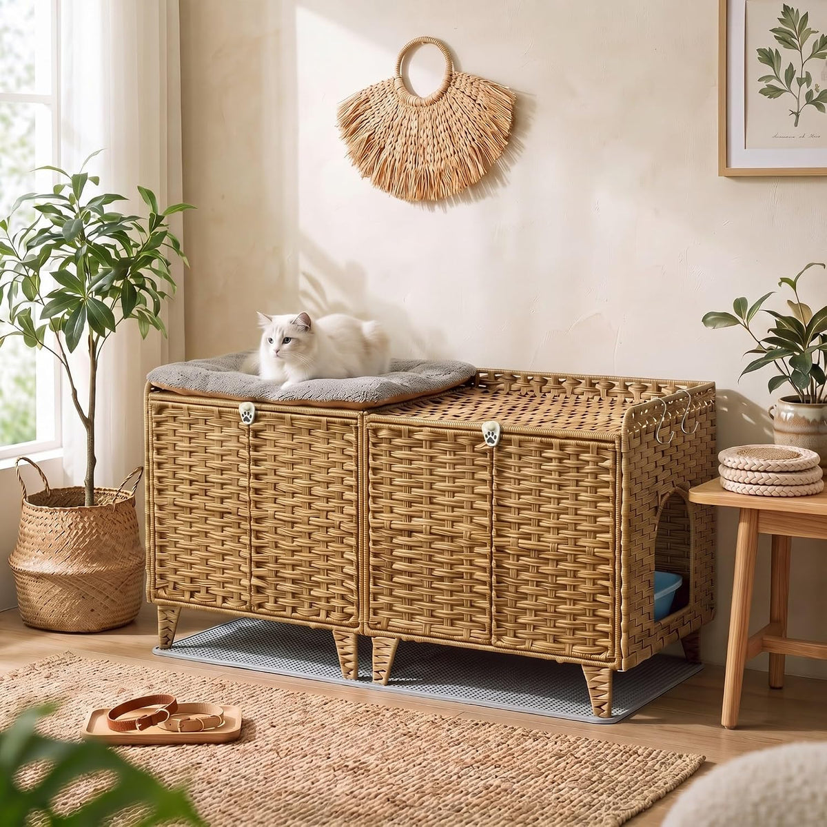 Cat Litter Box Enclosure for 2 Cats, PE Rattan