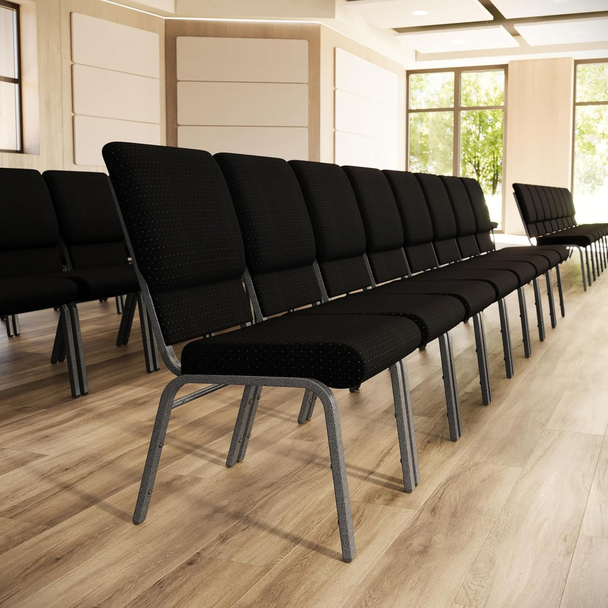 HERCULES Series 18.5''W Stacking Church Chair in Black Patterned Fabric - Silver Vein Frame, 25"D x 19.25"W x 33.25"H