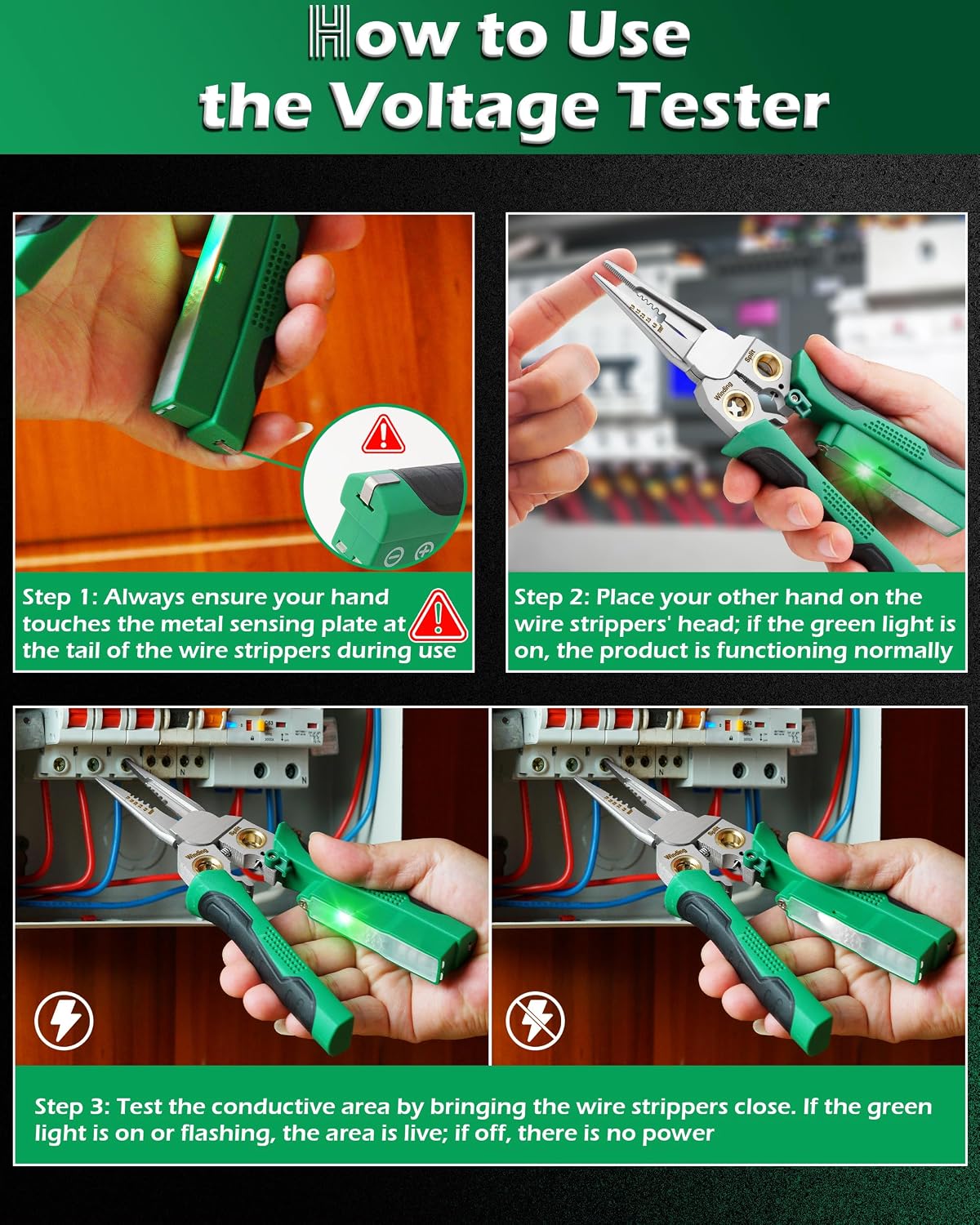 8-in-1 Wire Stripper with NCV Voltage Tester (Green), Professional Electrical Tool for Hot/Neutral Wire Detection