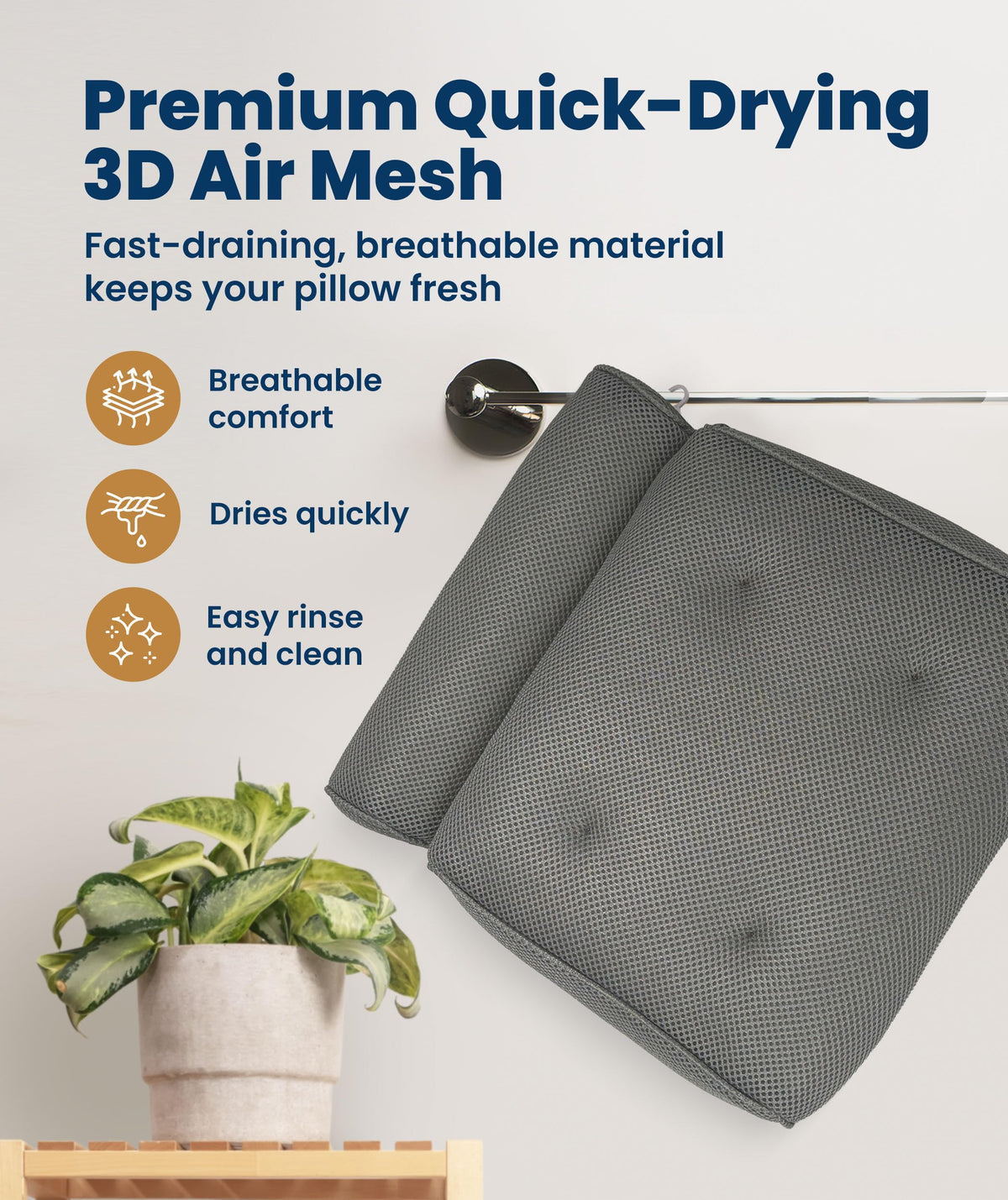 Luxury Bath Pillow for Tub – Quick-Dry 4D Mesh – Gray