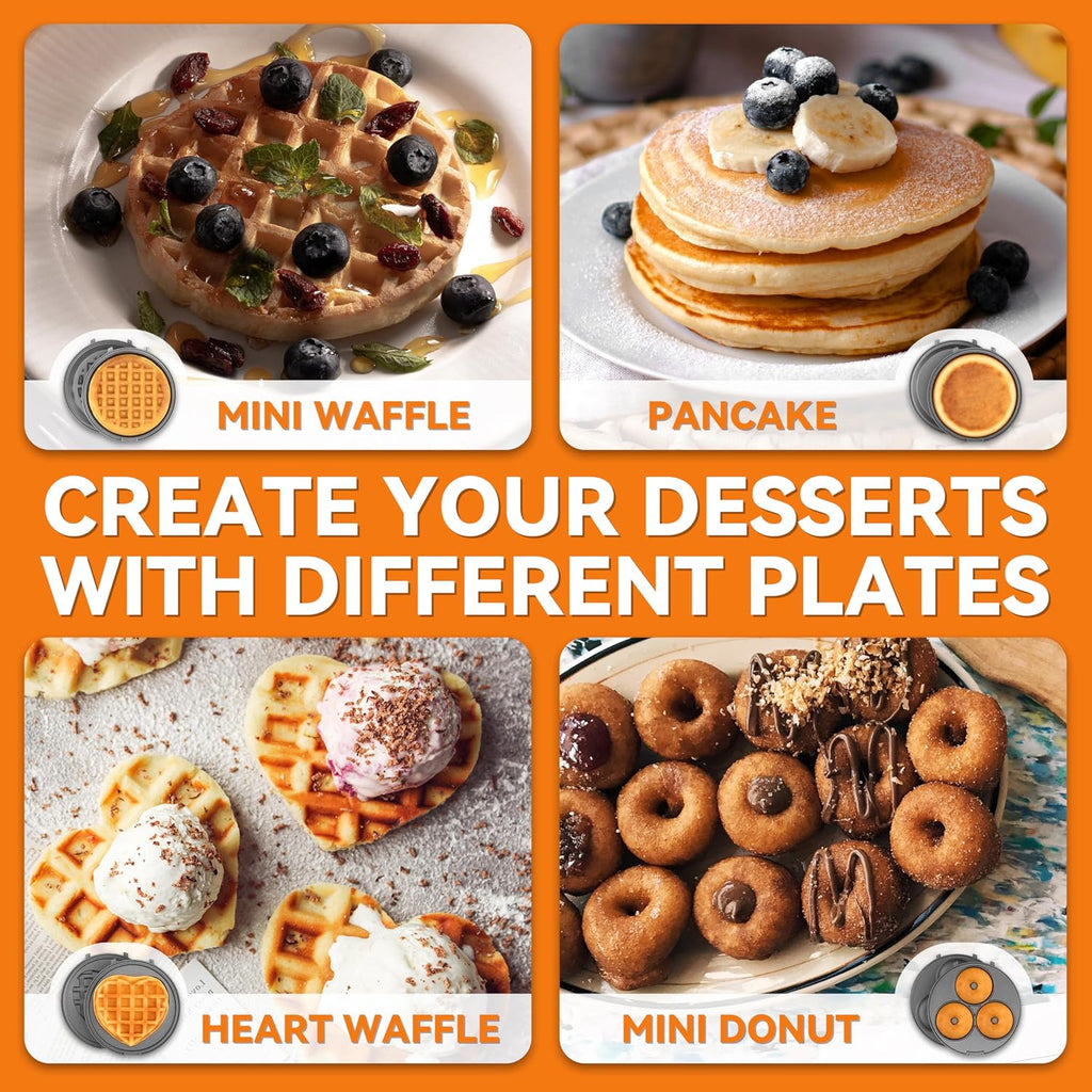 4 in 1 Mini Waffle Maker with Removable Plates, Set Includes Mini Pancake, Donut, Heart Shape Waffle Makers, Compact
