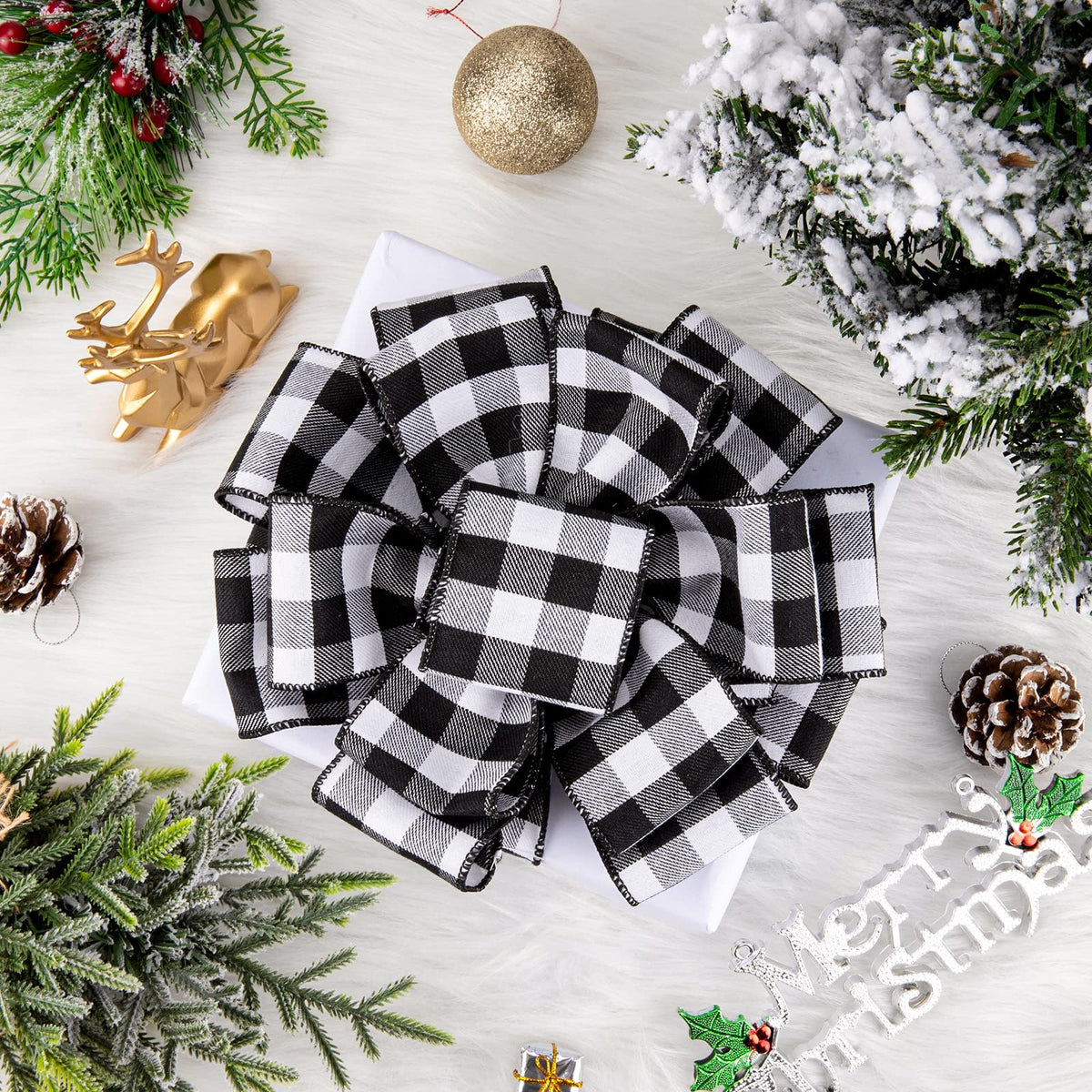 2 Rolls Wired Edge Plaid Ribbon Buffalo Check Ribbon White Black Plaid Ribbon 2.5" Wide Farmhouse Craft Ribbon for