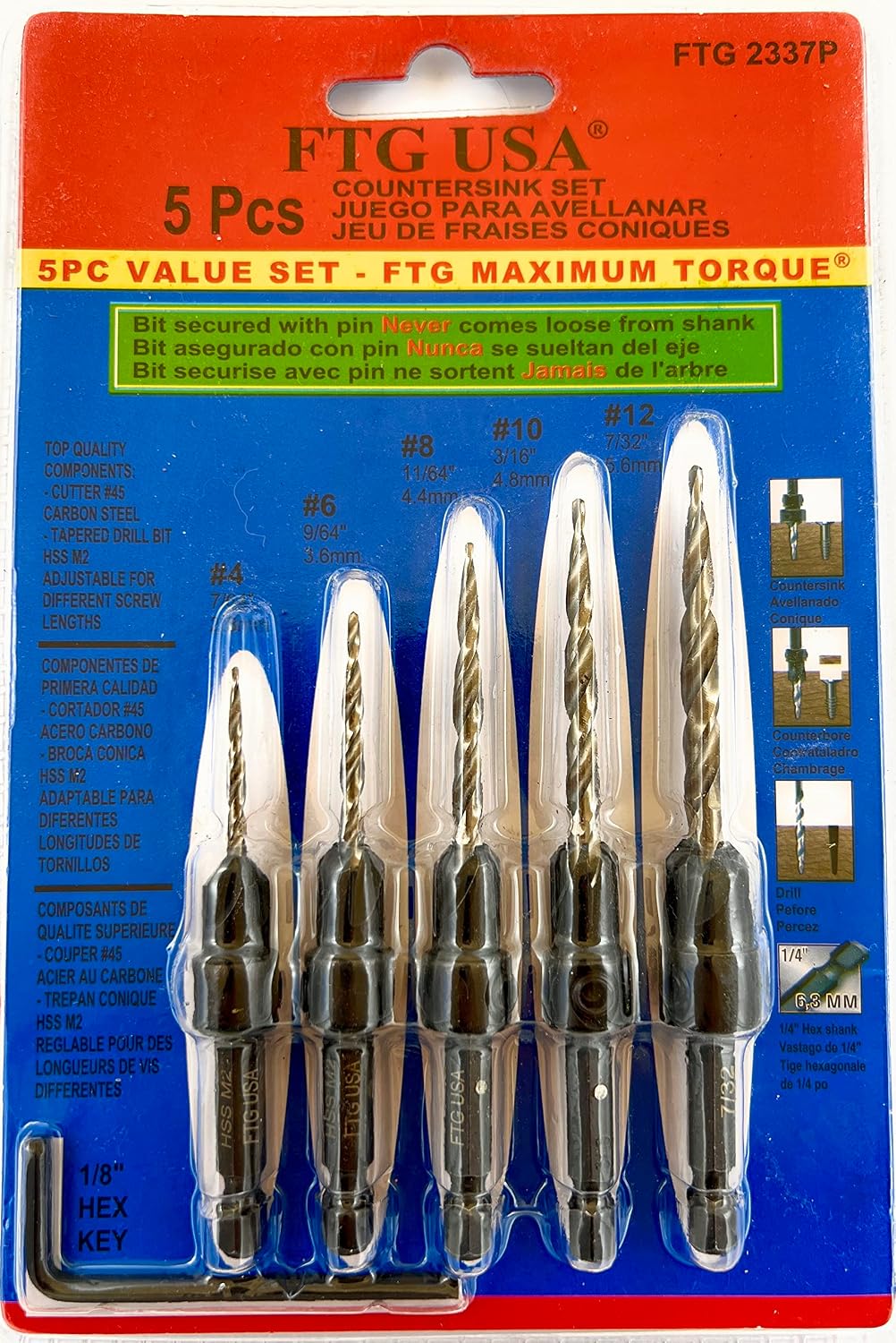 FTG USA Countersink Drill Bit Set 5 Pc Wood #4#6#8#10#12 Tapered Drill Bits