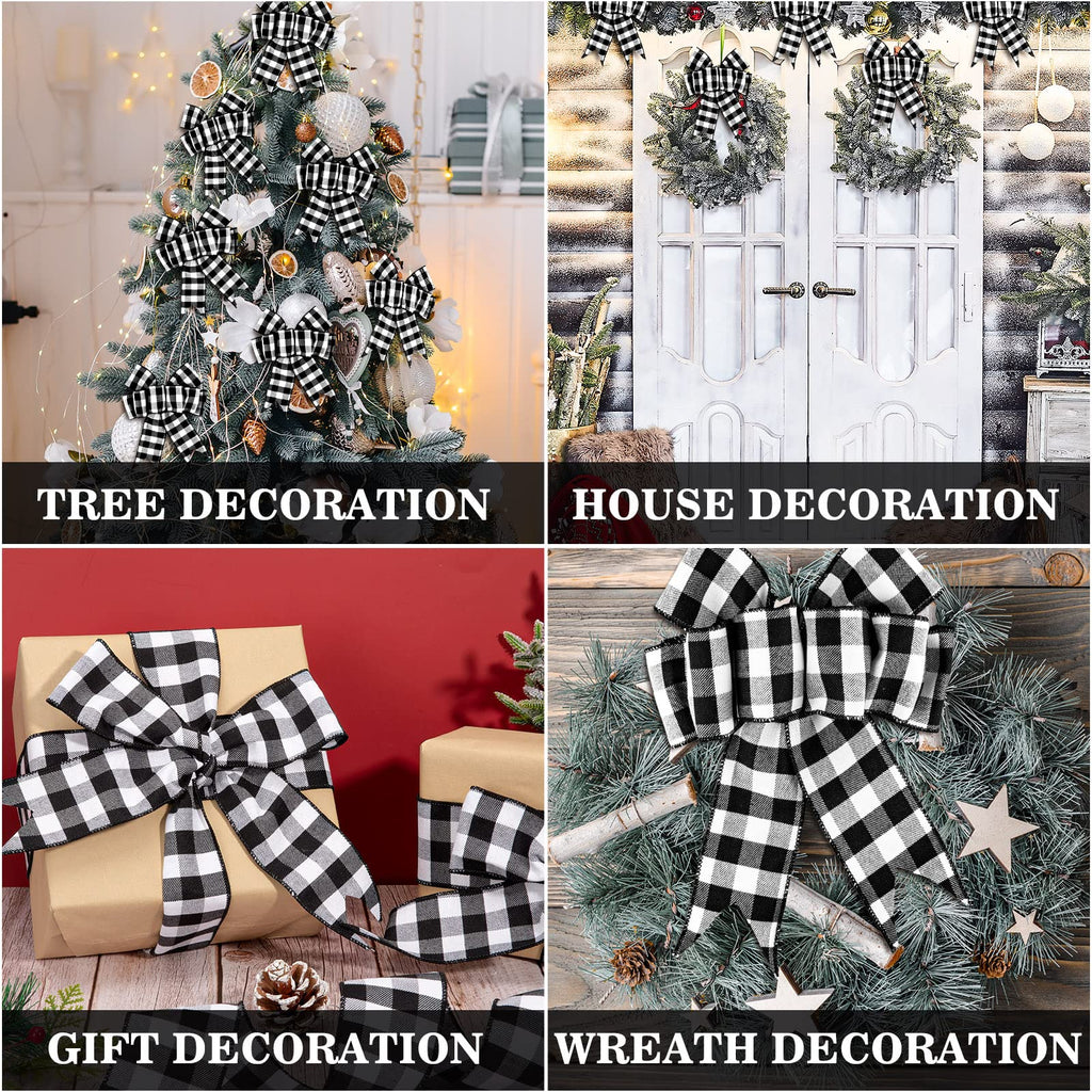 2 Rolls Wired Edge Plaid Ribbon Buffalo Check Ribbon White Black Plaid Ribbon 2.5" Wide Farmhouse Craft Ribbon for