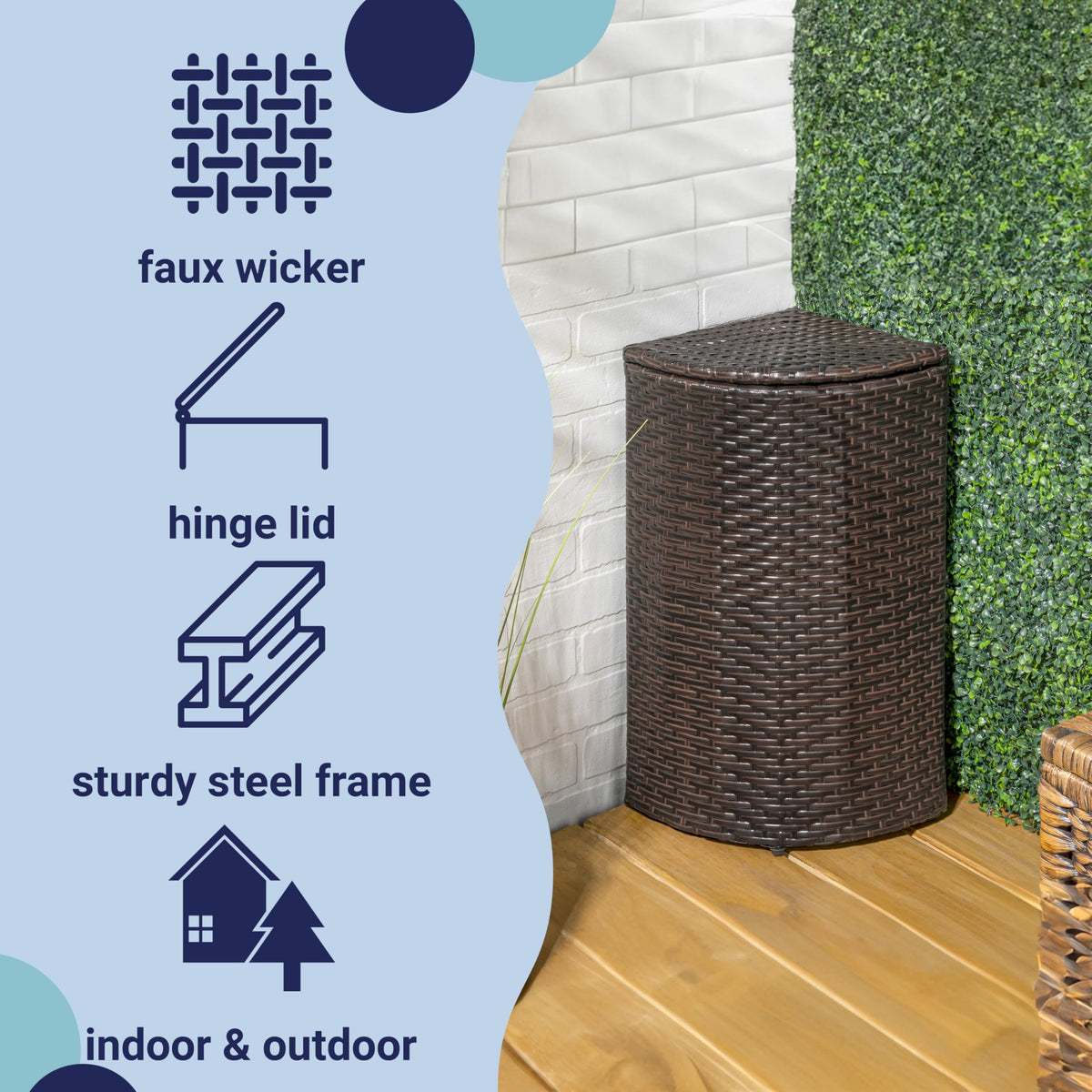 Chloe 10 Gal Wicker Corner Outdoor Trash Can, Brown