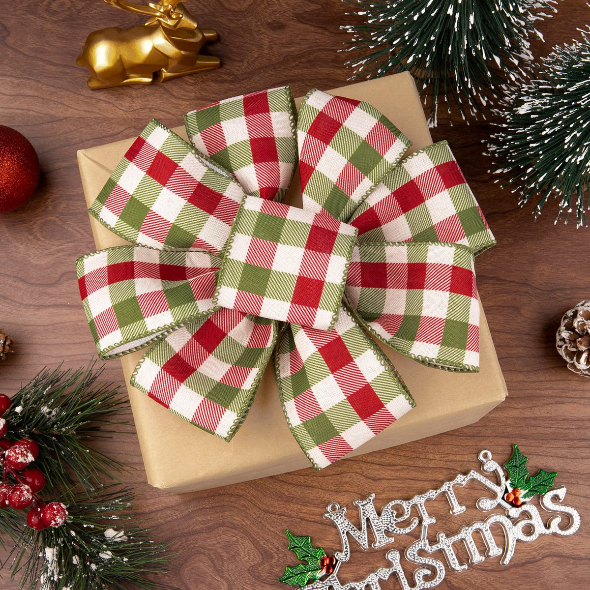 2 Rolls Wired Edge Plaids Ribbon - Christmas Buffalo Check Red Green