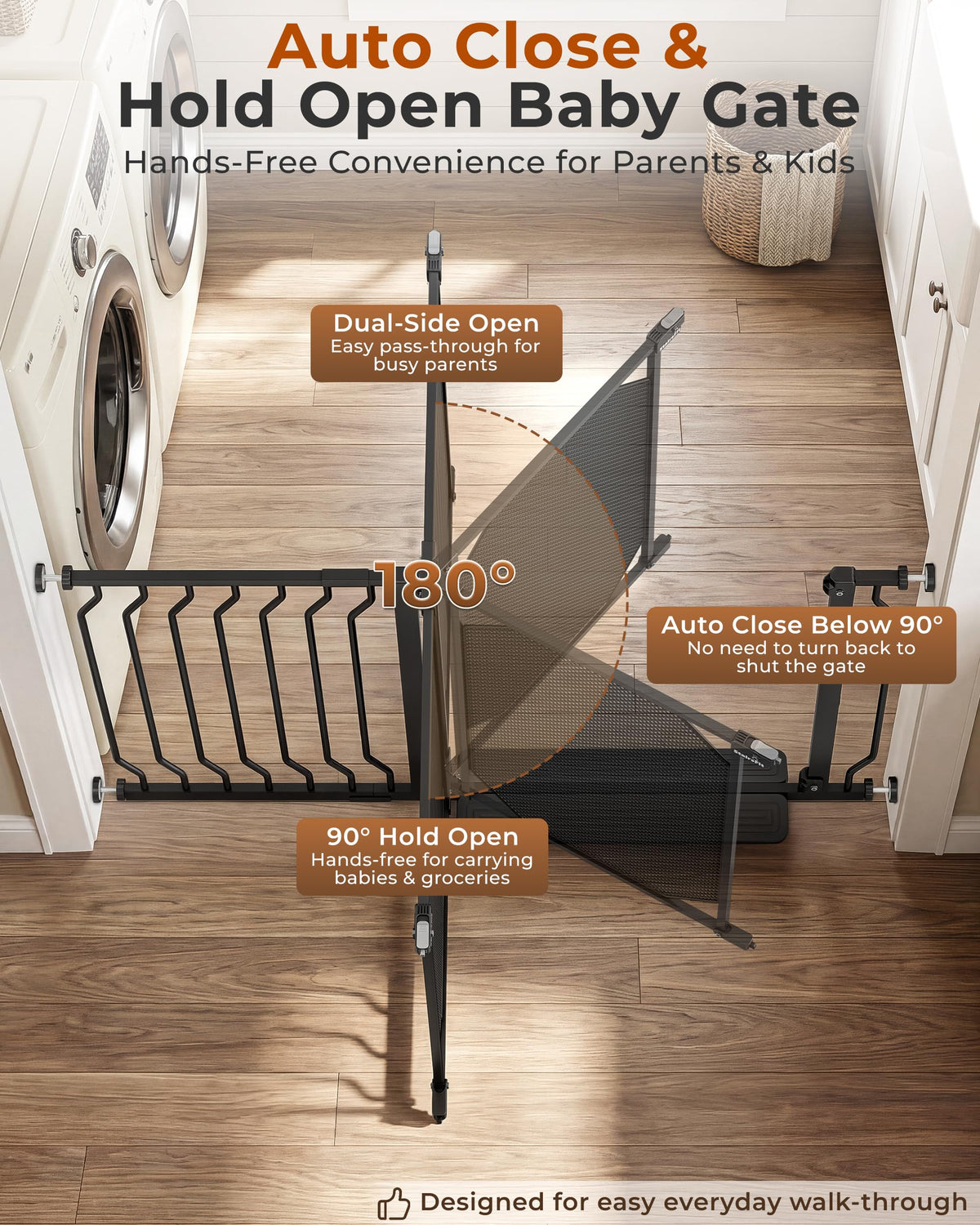 30-62.5" Extra-Wide Adjustable Hardware/Pressure-Mounted Pet & Child Safety Gate with Auto-Close Walk-Through Door for Stairs, Hallways & Wide Doorways — Black