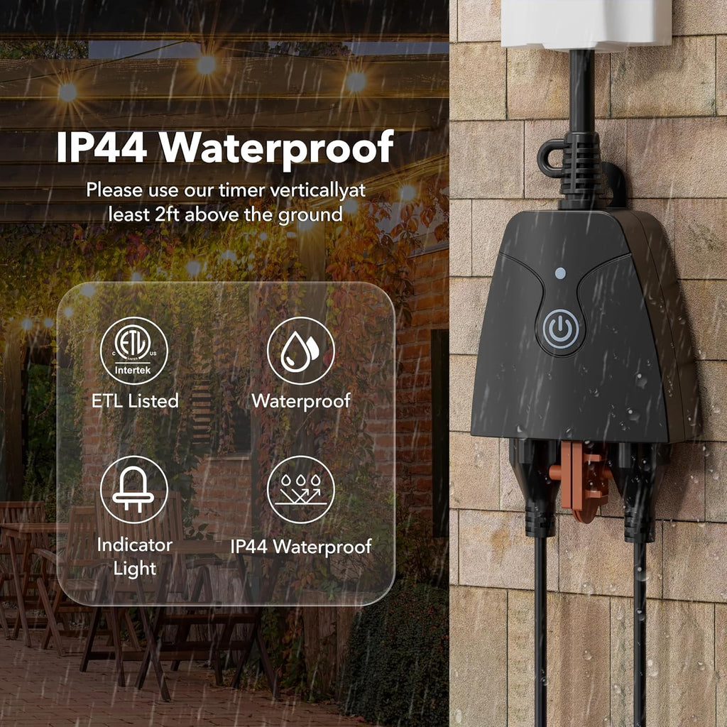 Outdoor Smart Plug, WiFi Heavy Duty 2 Outlet Timer, 2 Pack, 2.4GHz | IP44 Weatherproof Timer Outlet with App Wireless