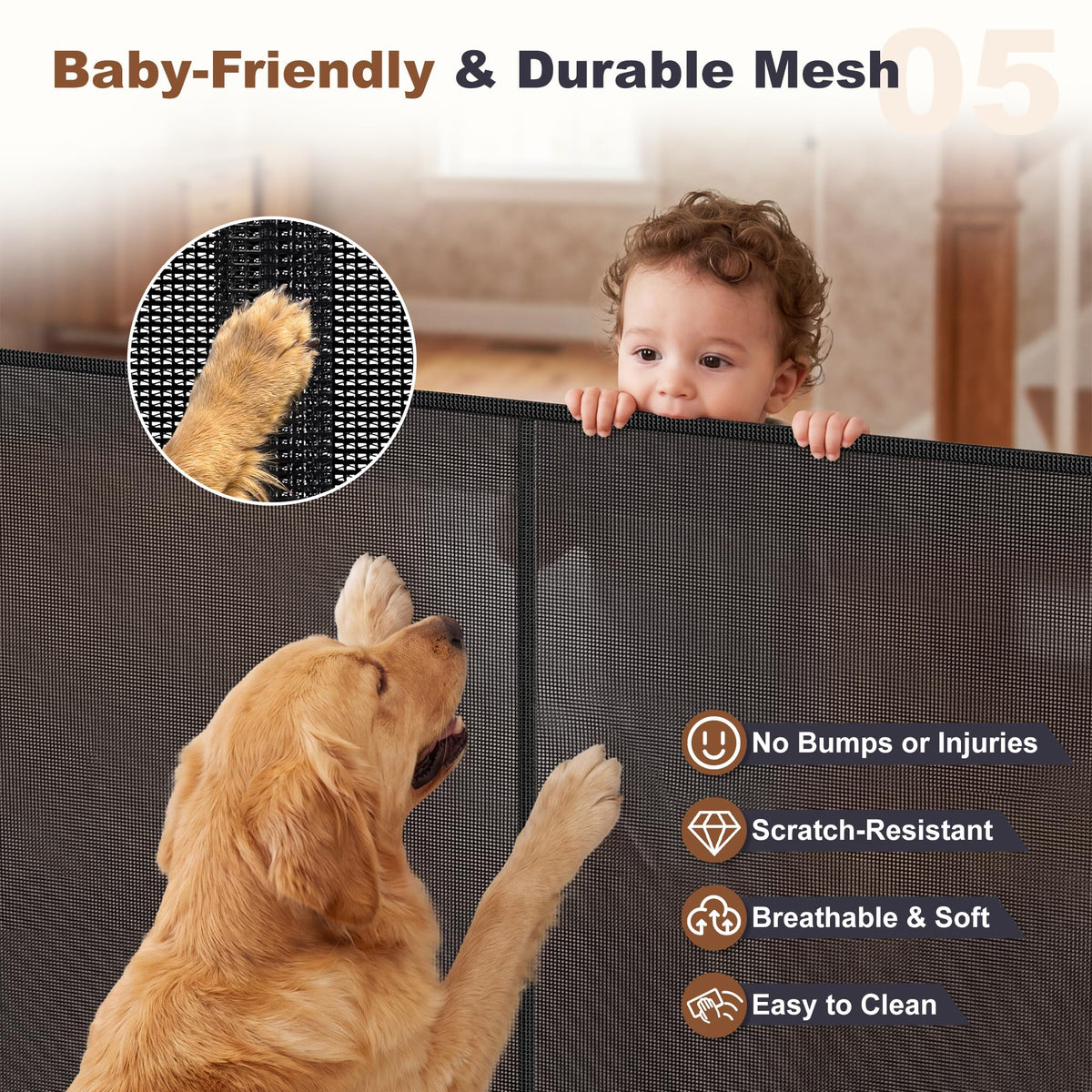200" x 37" Tall Extra-Wide Retractable Indoor Mesh Pet & Child Safety Gate with One-Hand Safety Lock for Wide Openings, Patios & Stairways