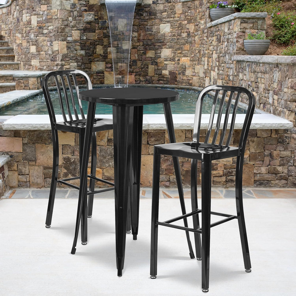 Commercial Grade 30" High Black Metal Indoor-Outdoor Barstool with Vertical Slat Back