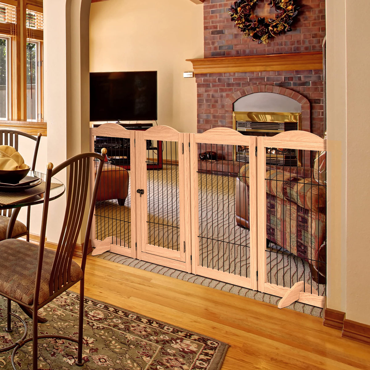 80" Wide x 31.5" Tall 4-Panel Freestanding Solid Wood 360° Configurable Pet & Dog Barrier Gate with Walk-Through Swing Door for Wide Indoor Openings, Hallways & Stairs