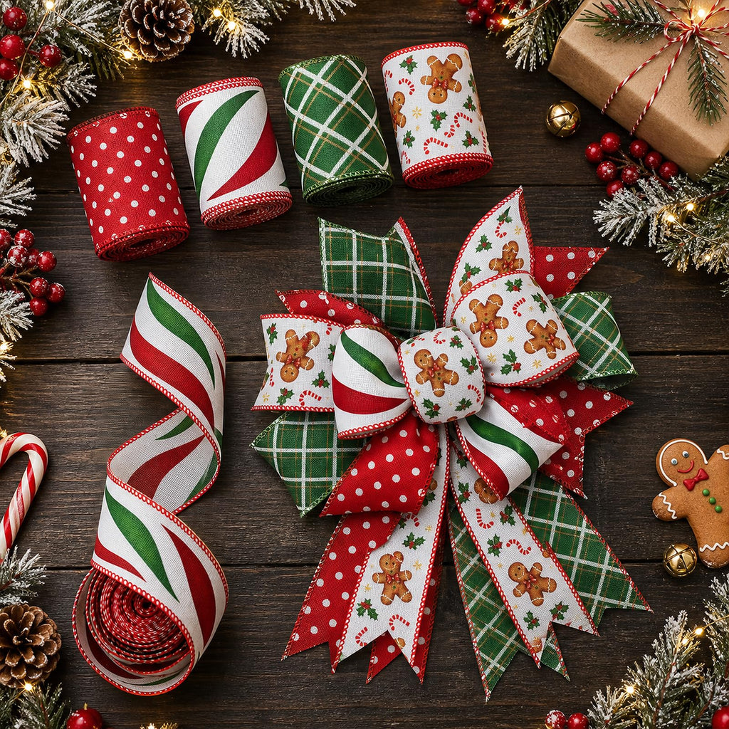 Christmas Wired Ribbon, 4 Rolls, 2.5 in x 5 yd Each, 20 yd Total