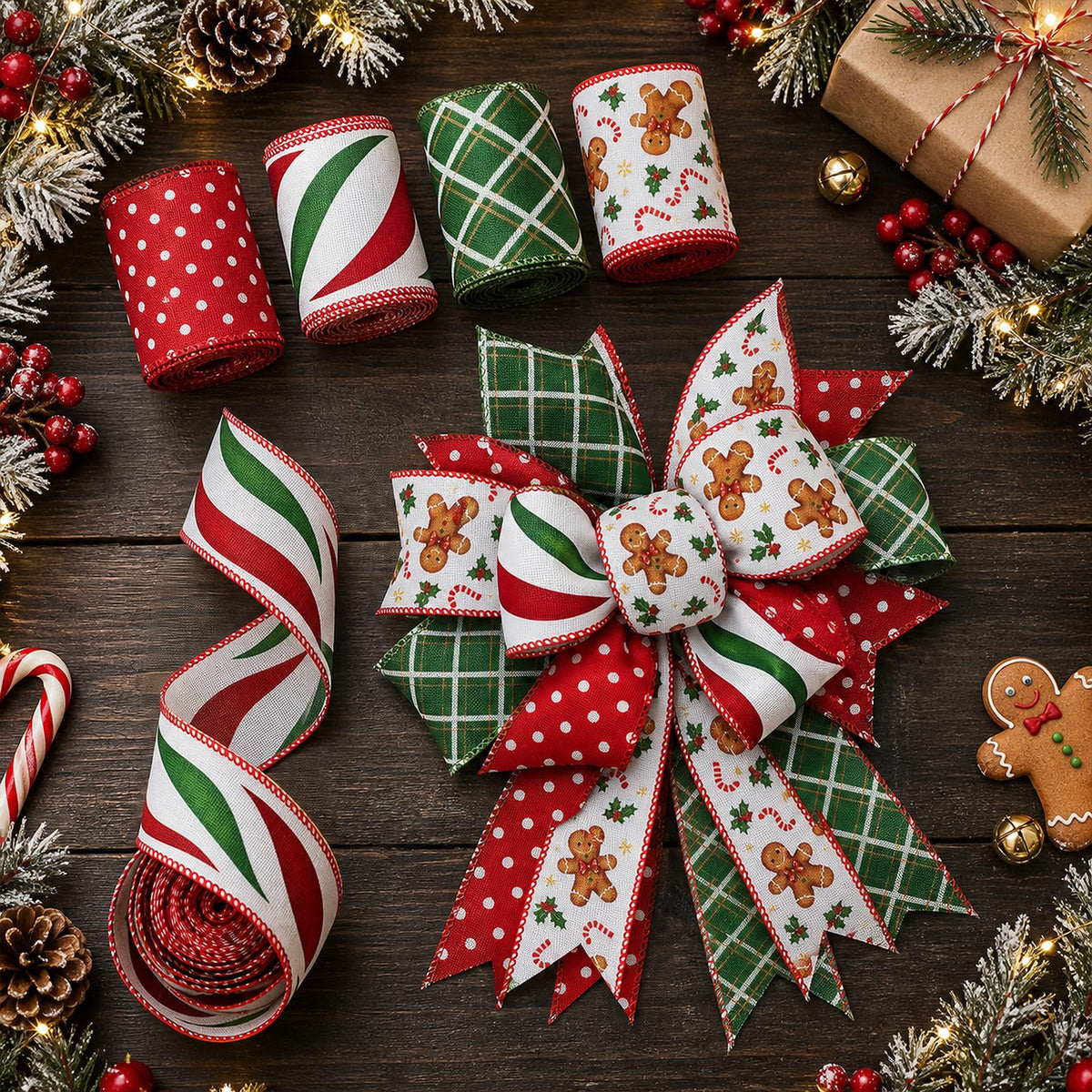 Christmas Wired Ribbon, 4 Rolls, 2.5 in x 5 yd Each, 20 yd Total