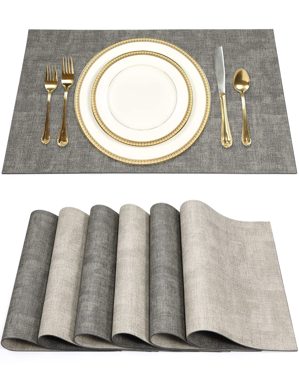 Leather Placemats Table Mats Set of 6, Light Grey & Smoky Grey