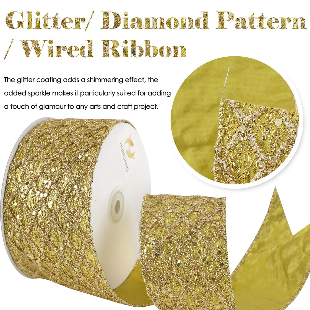 Glitter Gold Diamond Christmas Wired Ribbon 2.5 inch x 10 Yards