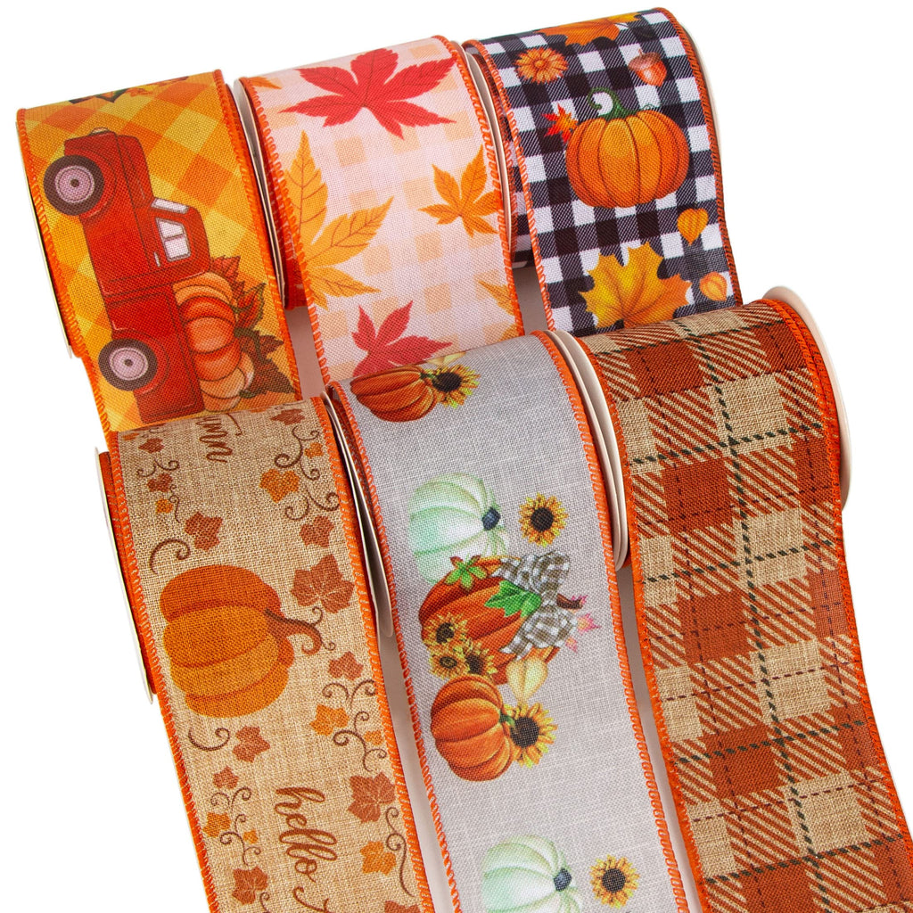 Fall Ribbon Wired 6 Rolls 2.5 Inch,Total 90 Feet(30 Yards), Hello Autumn/Vintage Truck/Pumpkin/Maple Leaves/Fall