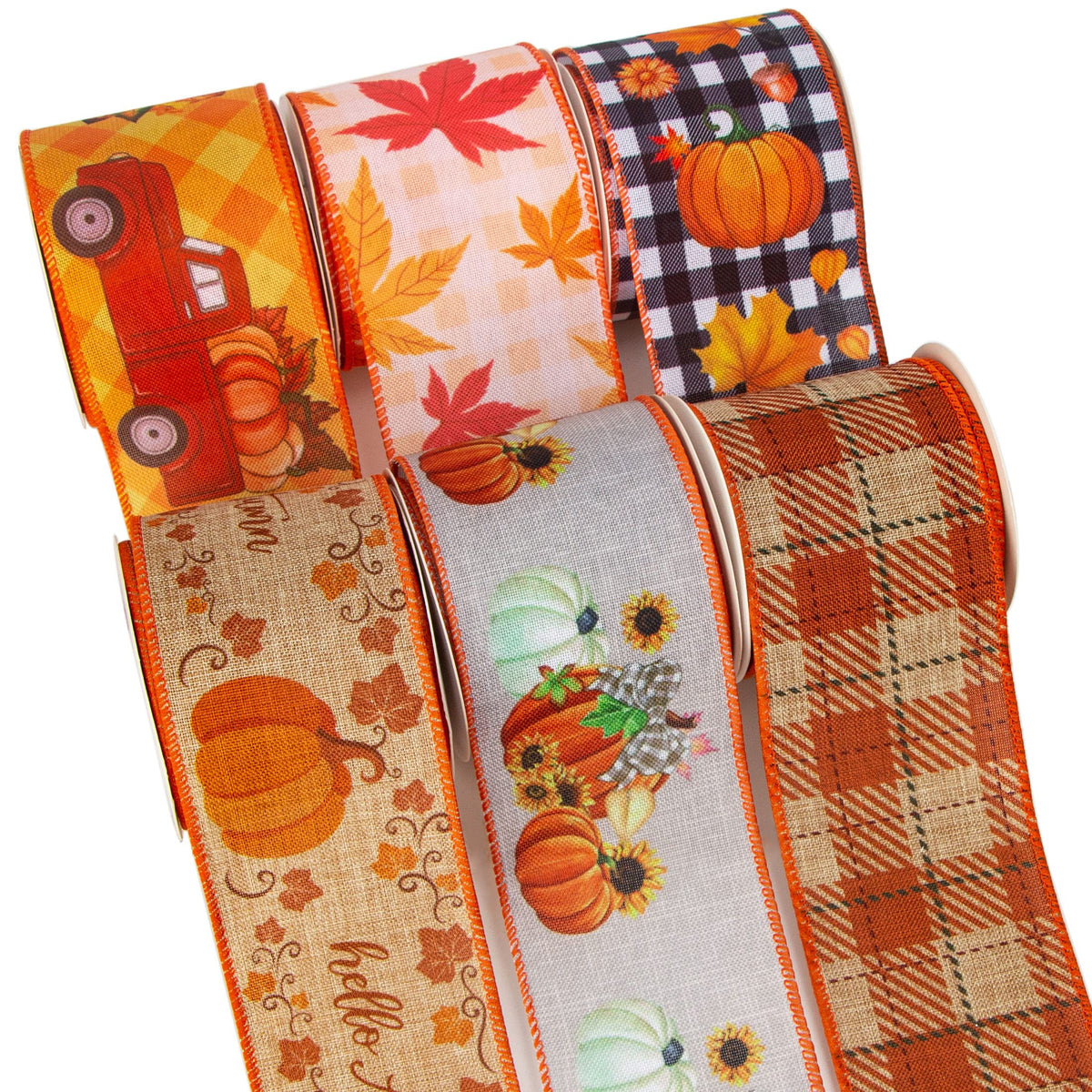 Fall Ribbon Wired 6 Rolls 2.5 Inch,Total 90 Feet(30 Yards), Hello Autumn/Vintage Truck/Pumpkin/Maple Leaves/Fall