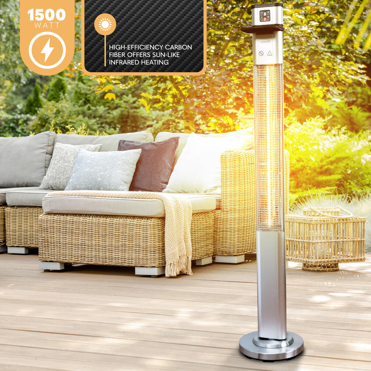 Infrared Patio Heater, 1500W Electric Standing with Remote Control, IP44 Approved, Odorless, Three Power Settings