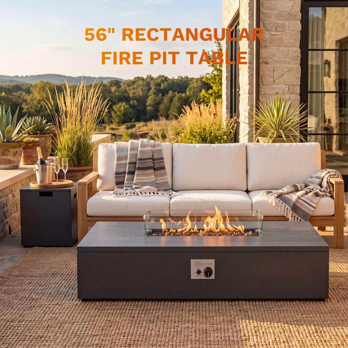56 Inch Propane Fire Pit Table, 50,000 BTU Rectangular Fire Table