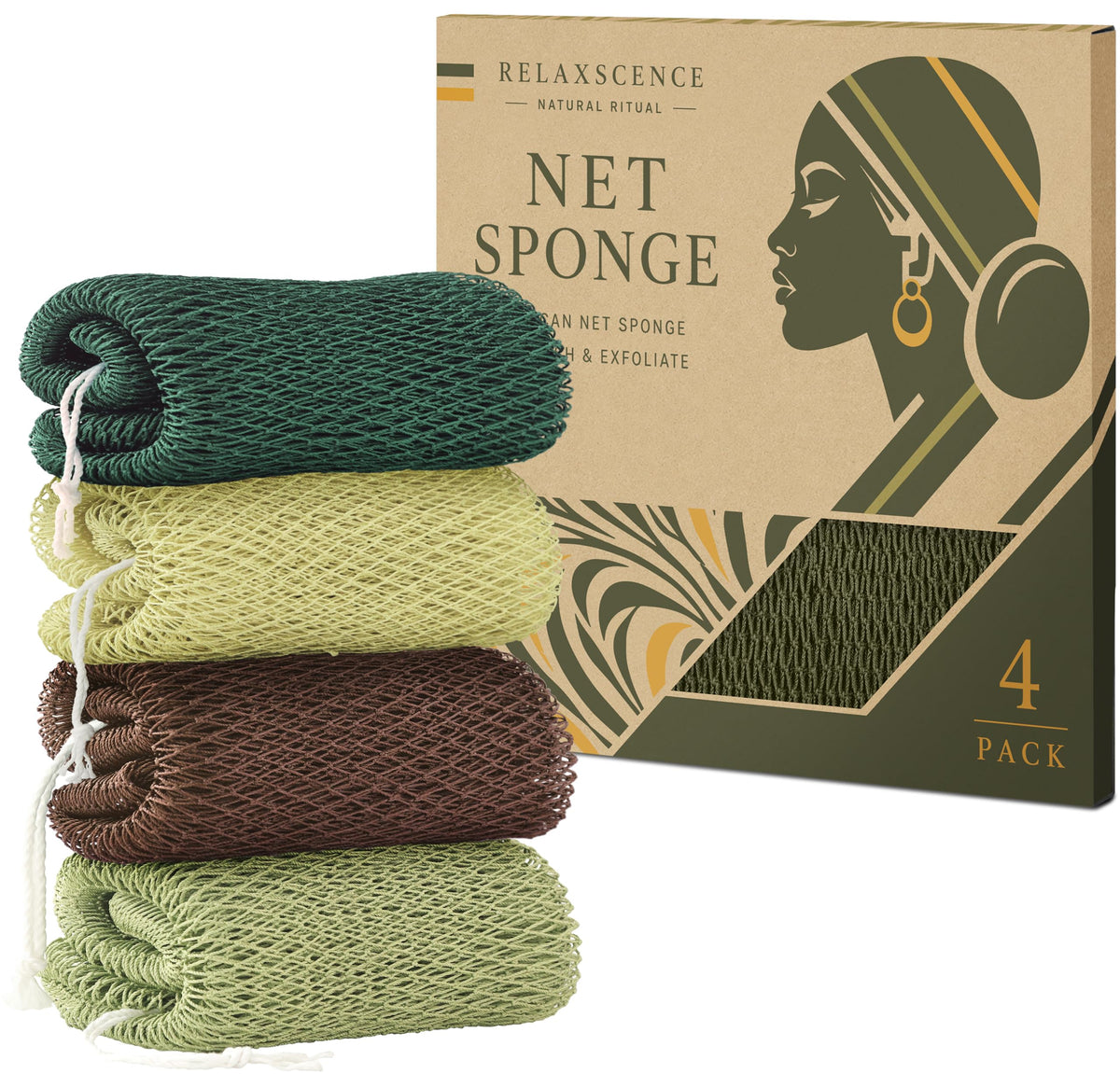 African Net Sponge Authentic - 4 Pack Exfoliating Body Scrubber Bath Sponge - Loofah Washcloth Back Scrub for Shower