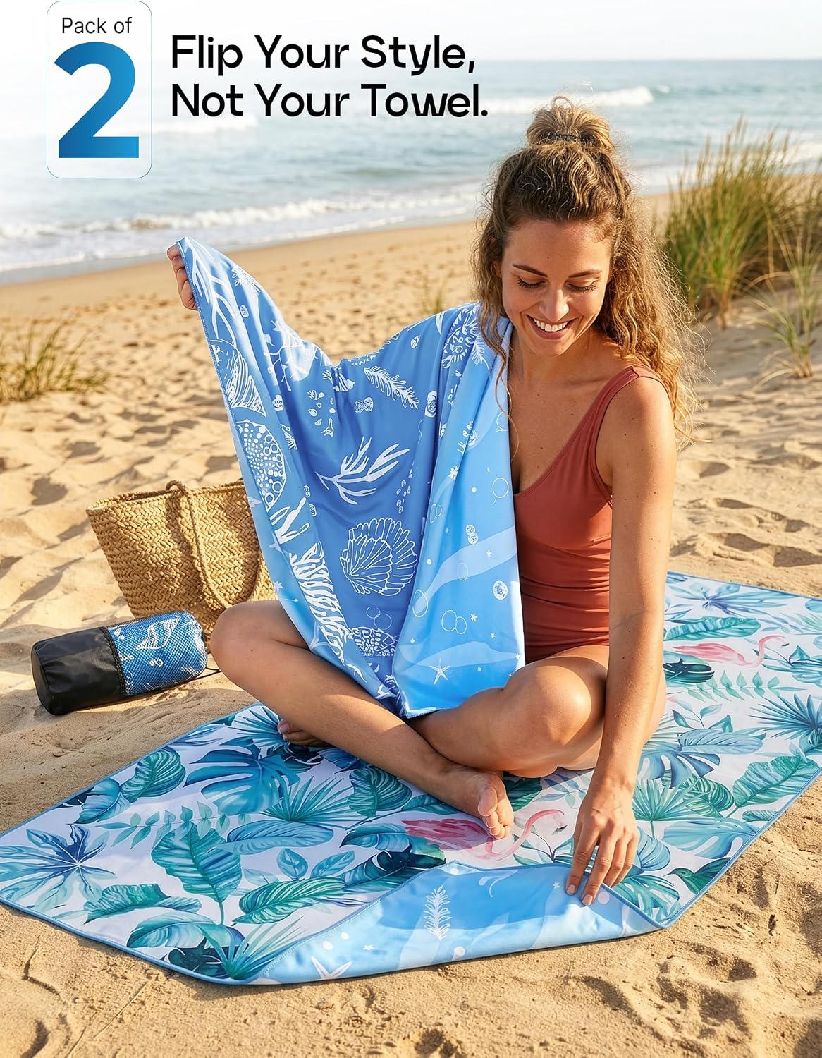 Thin Microfiber Beach Towel 2 Pack 32x71 Inch, Lightweight | Sand Free, Absorbent, Extra Large, Compact, With Travel