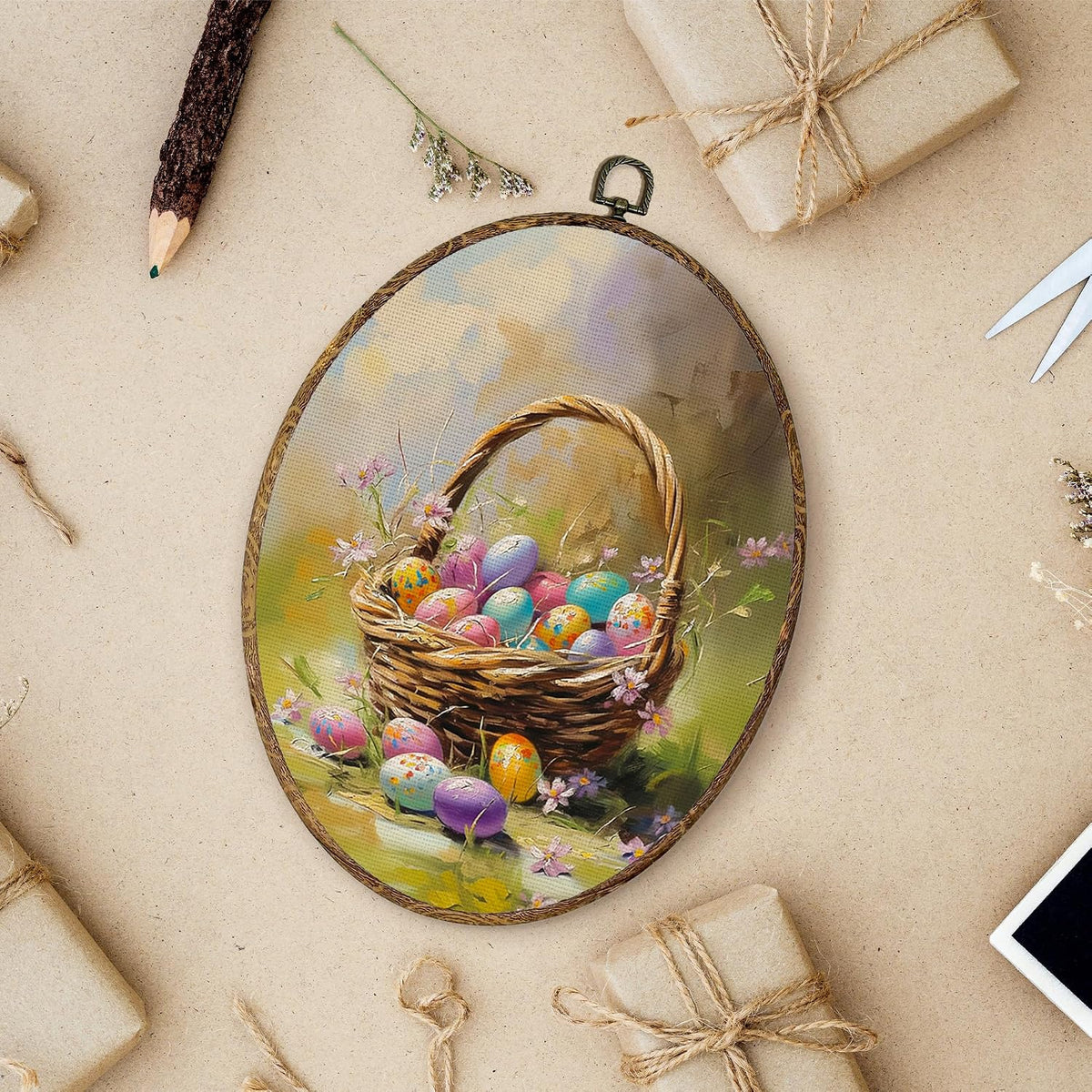 Vintage Easter Eggs Oval Wall Art Decor, Spring Farmhouse Oval Hanging Wall Decor, Easter Egg in Basket Canvas Framed