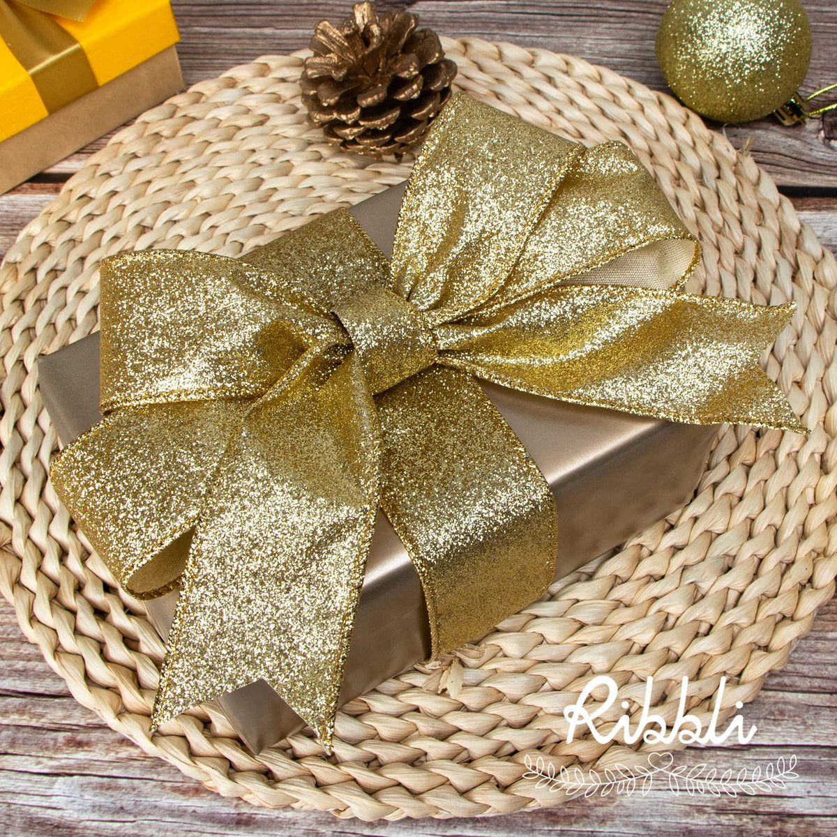 Gold Glitter Wired Ribbon,Gold with Metallic Edge,Christmas Ribbon for Wreath, Christmas Tree Decoration, Gift