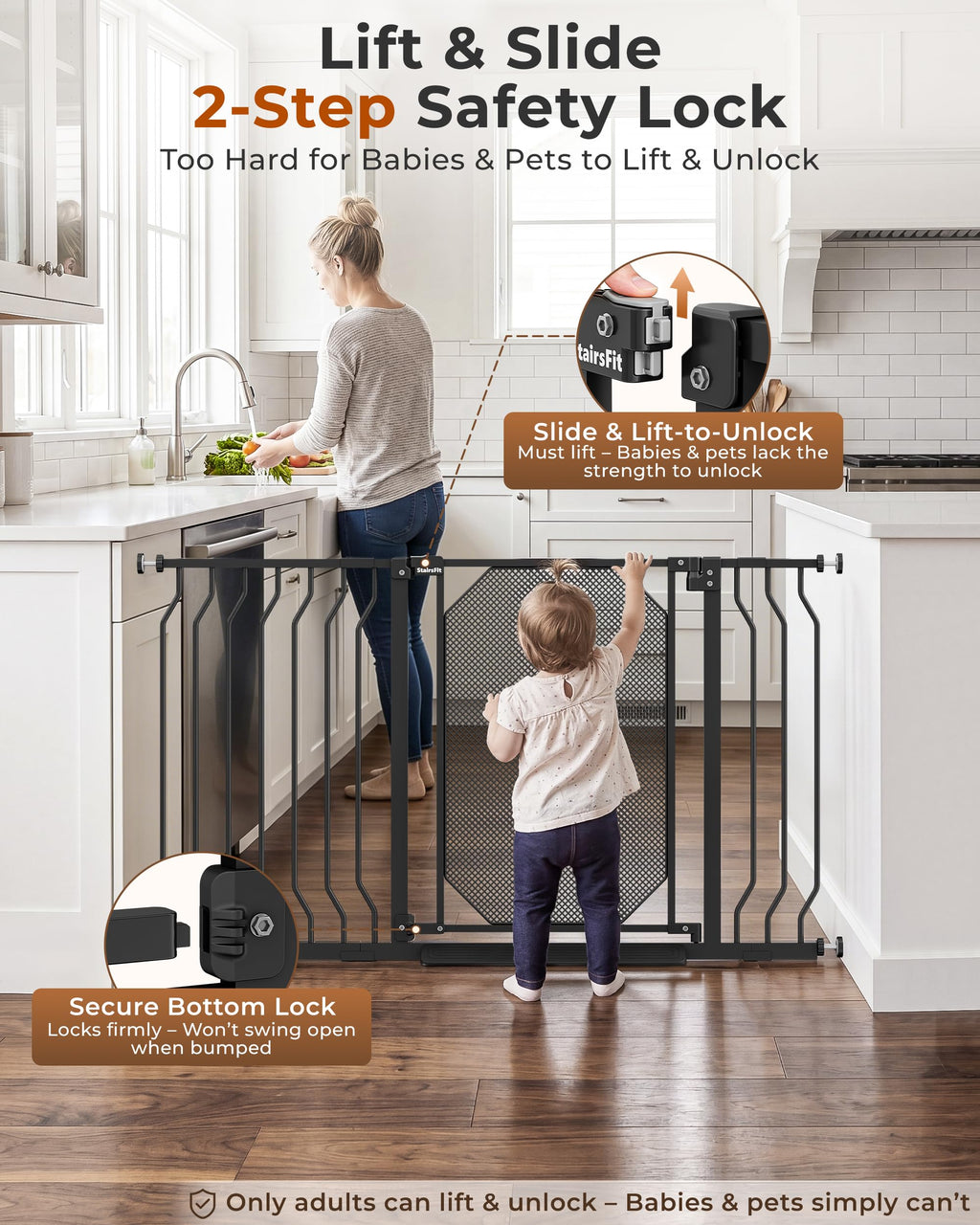 30-62.5" Extra-Wide Adjustable Hardware/Pressure-Mounted Pet & Child Safety Gate with Auto-Close Walk-Through Door for Stairs, Hallways & Wide Doorways — Black