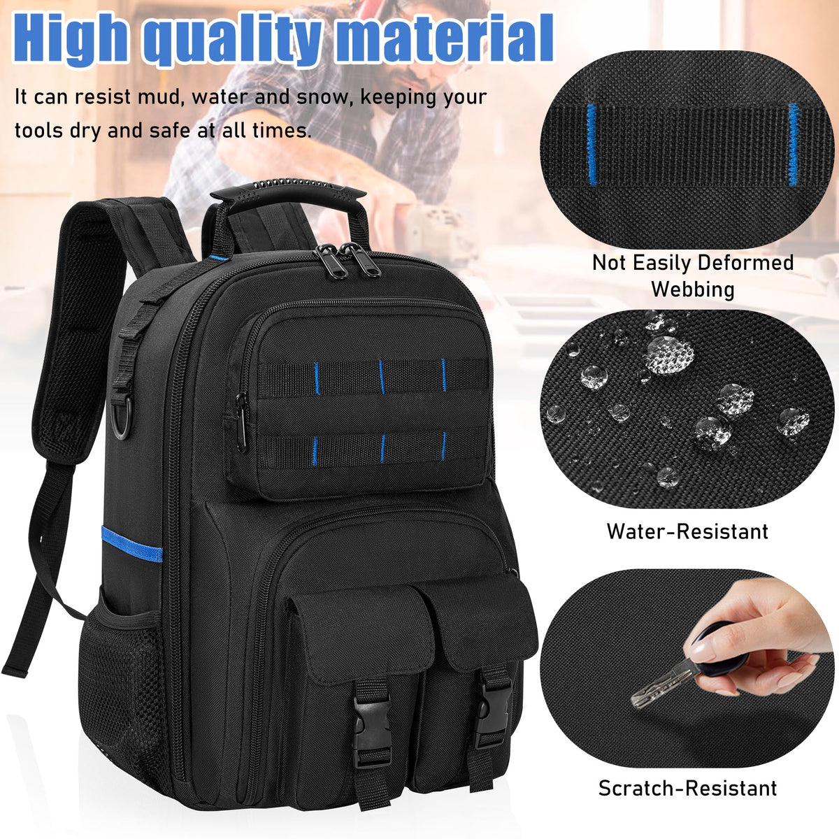 Tool Backpack for Men with Removable Tool Organizer, Black&Blue