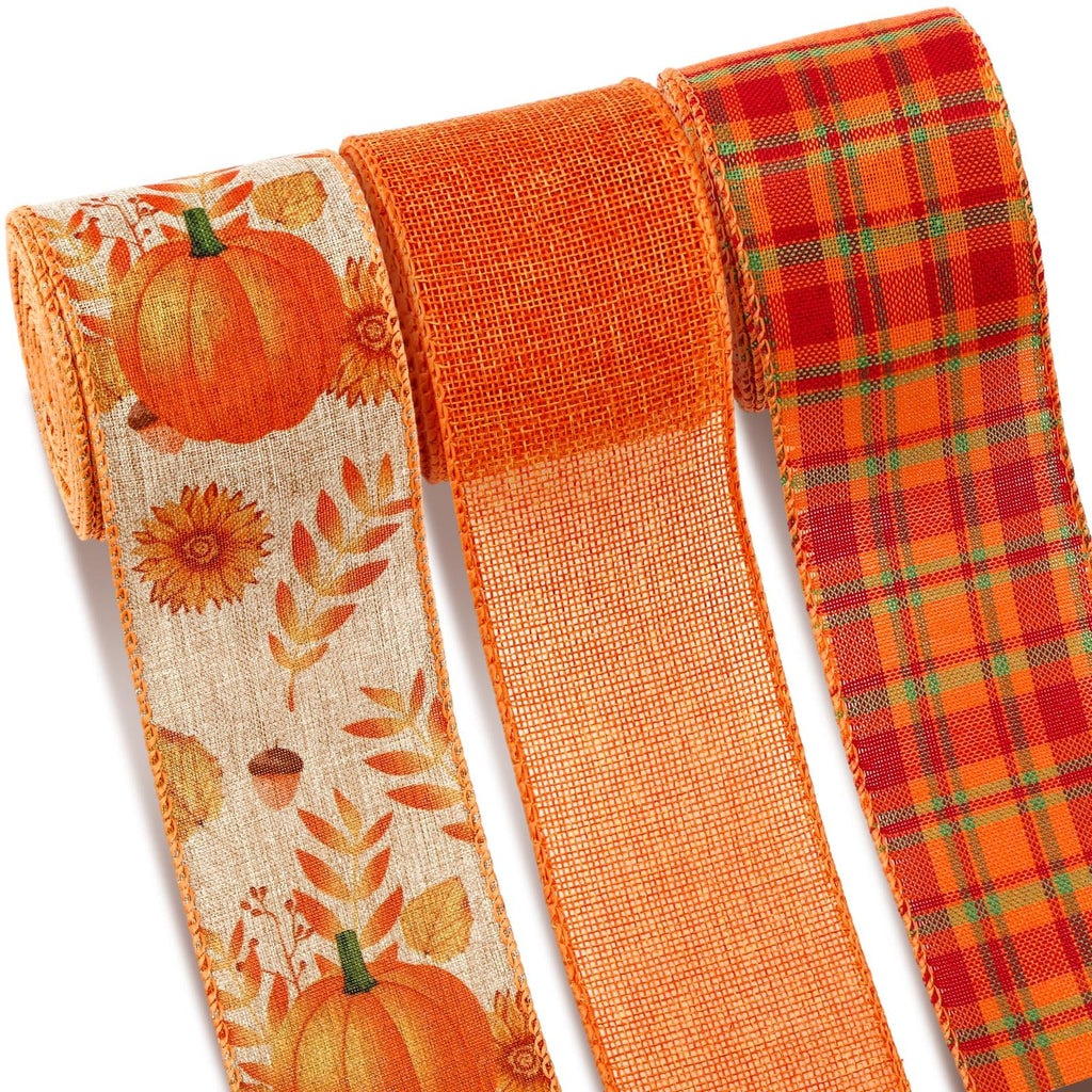 3 Rolls Fall Wired Ribbon for Wreaths Bow Craft 2.5 in X 30 Yards