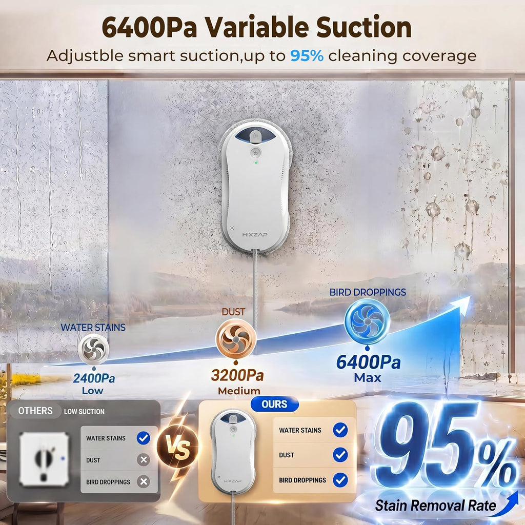 X6 Window Cleaning Robot for High Windows, Inside/Outside, 6400Pa Suction