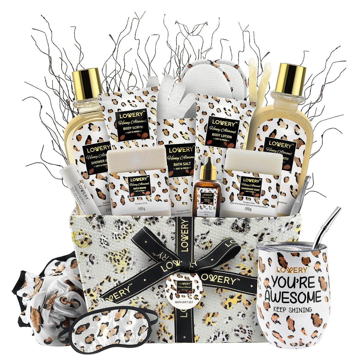 Luxury At-Home Spa Kit with Honey Almond Scent - Bath Gift Basket with Vit E-Rich Bath Essentials, Tumbler, Ear
